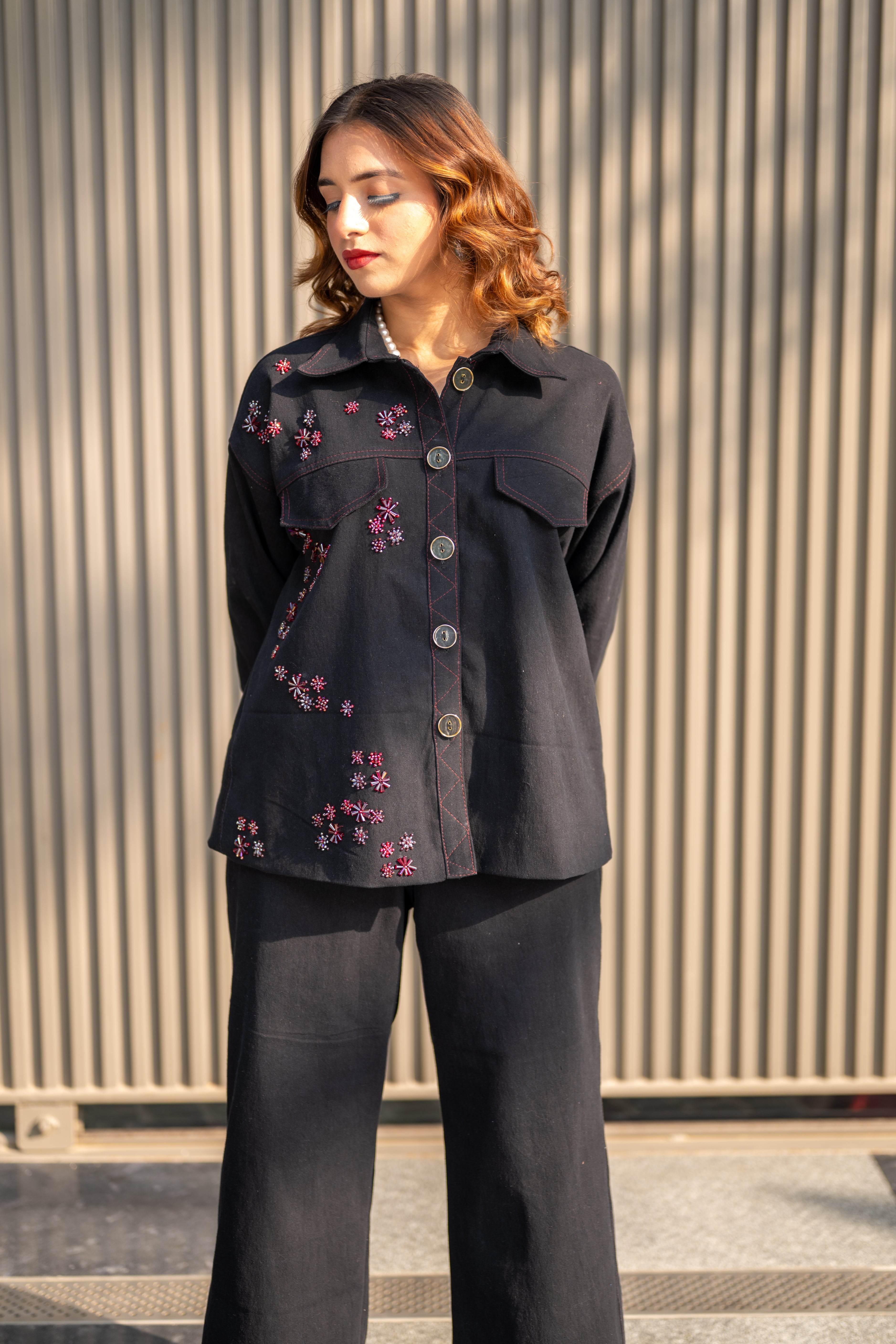 Black Denim embellished co-ord set