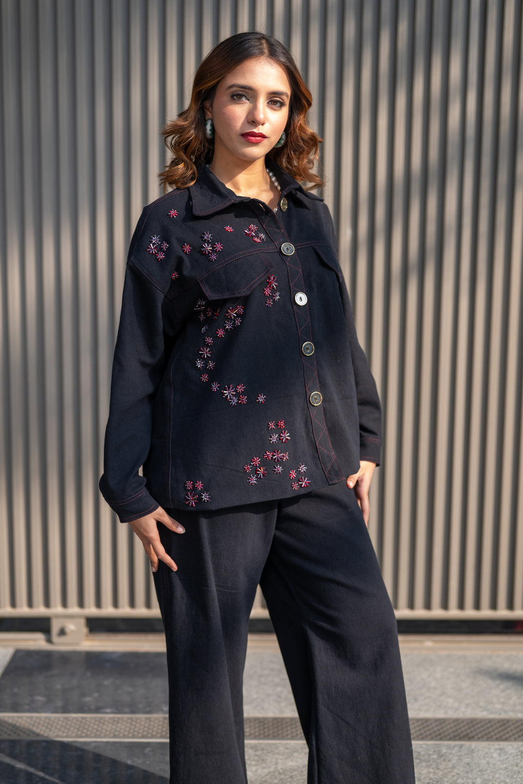 Black Denim embellished co-ord set