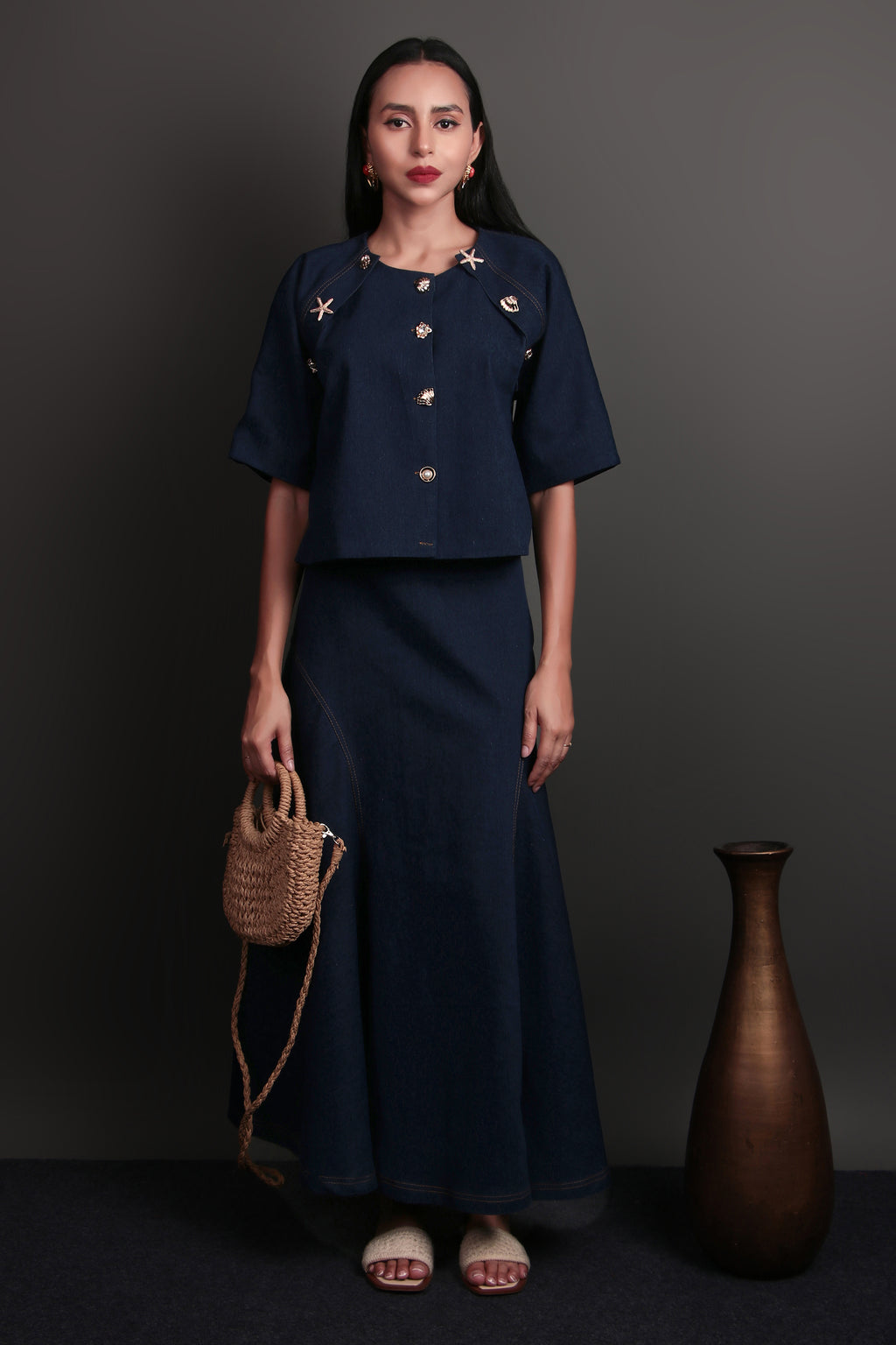 Deep blue denim cropped top and skirt