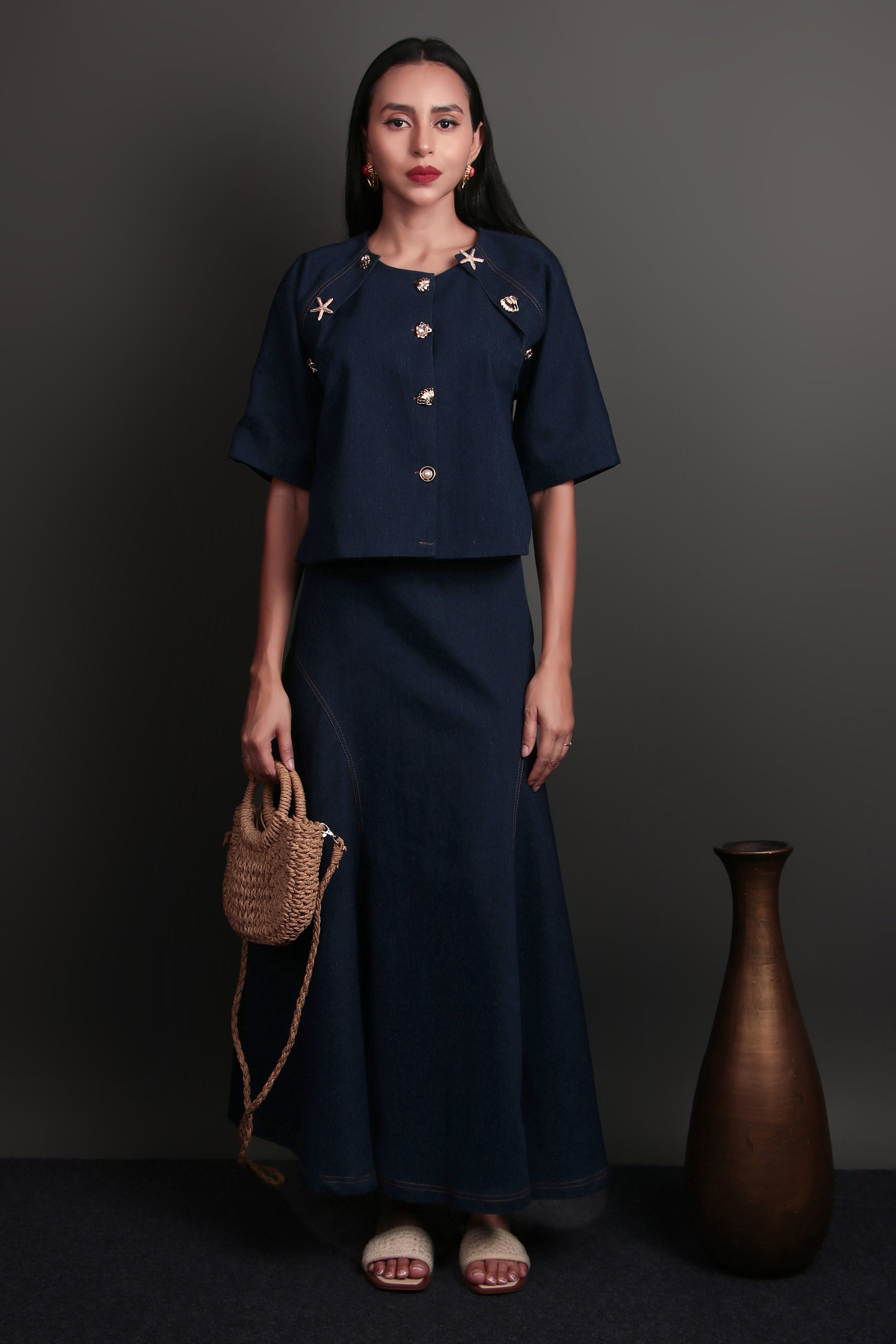 Deep blue denim cropped top and skirt
