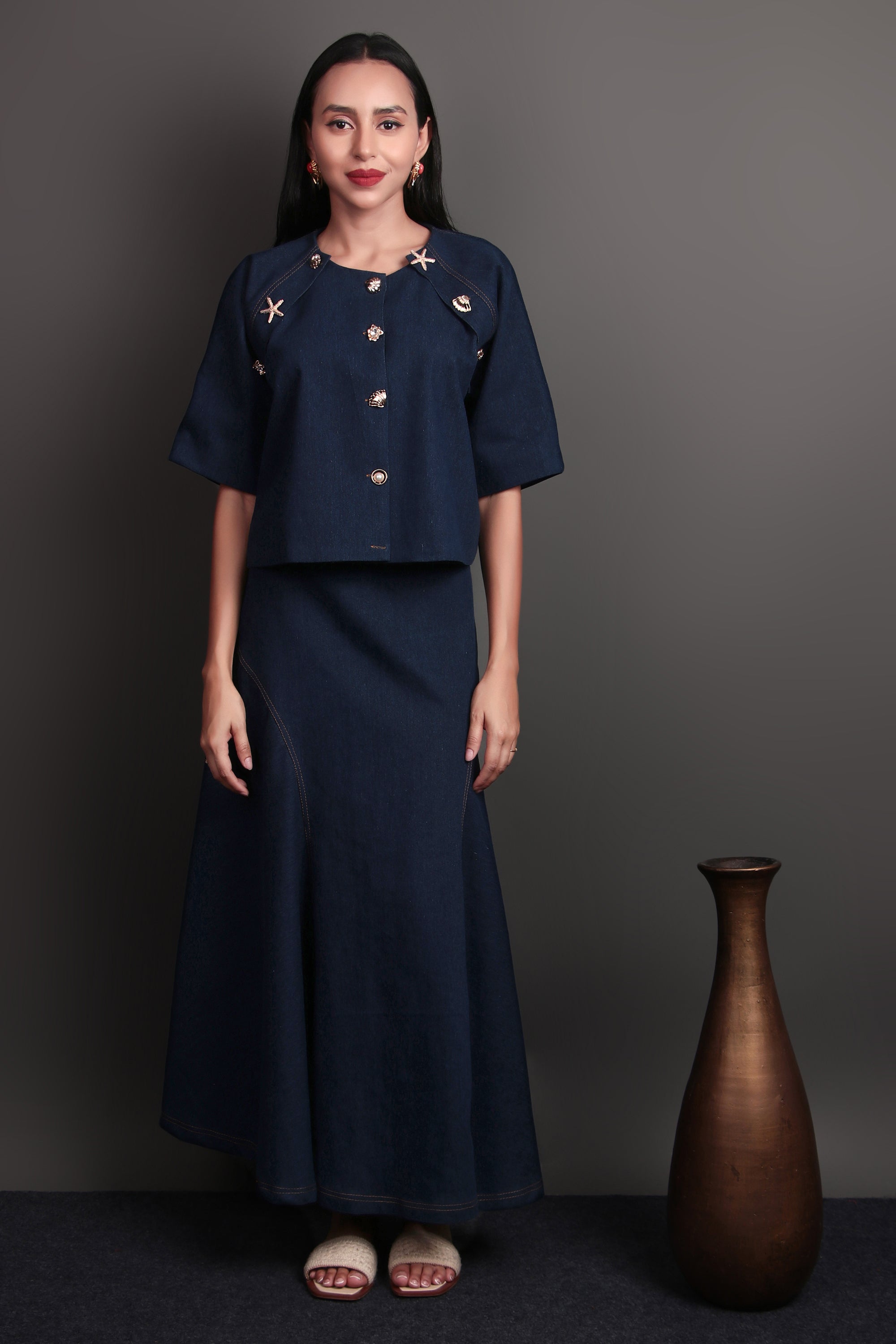 Deep blue denim cropped top and skirt