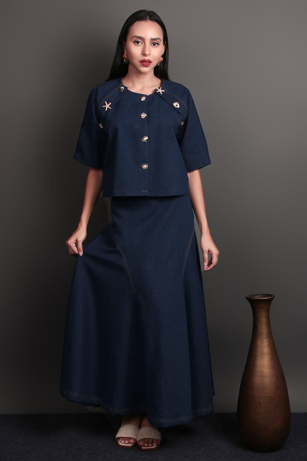 Deep blue denim cropped top and skirt