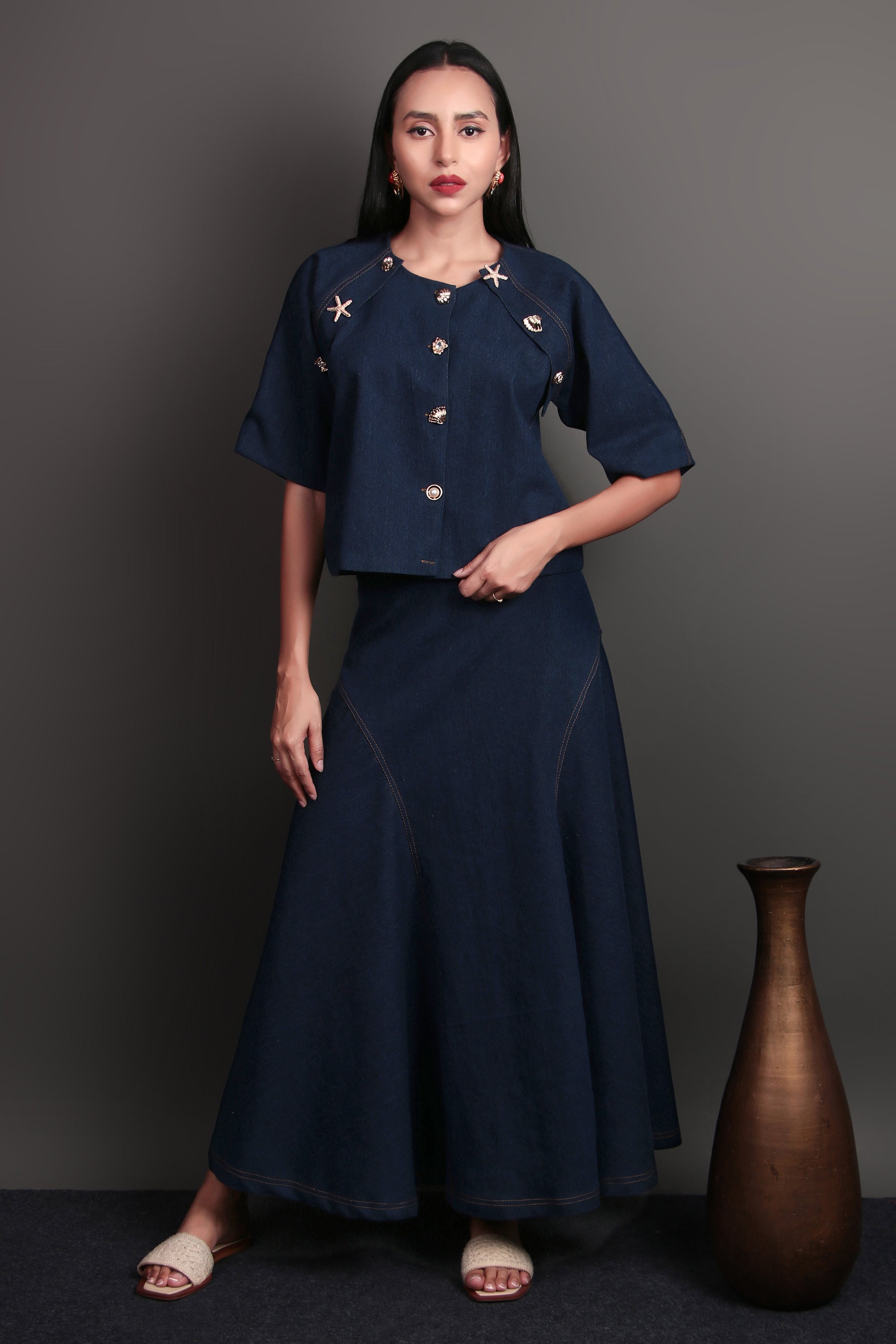 Deep blue denim cropped top and skirt