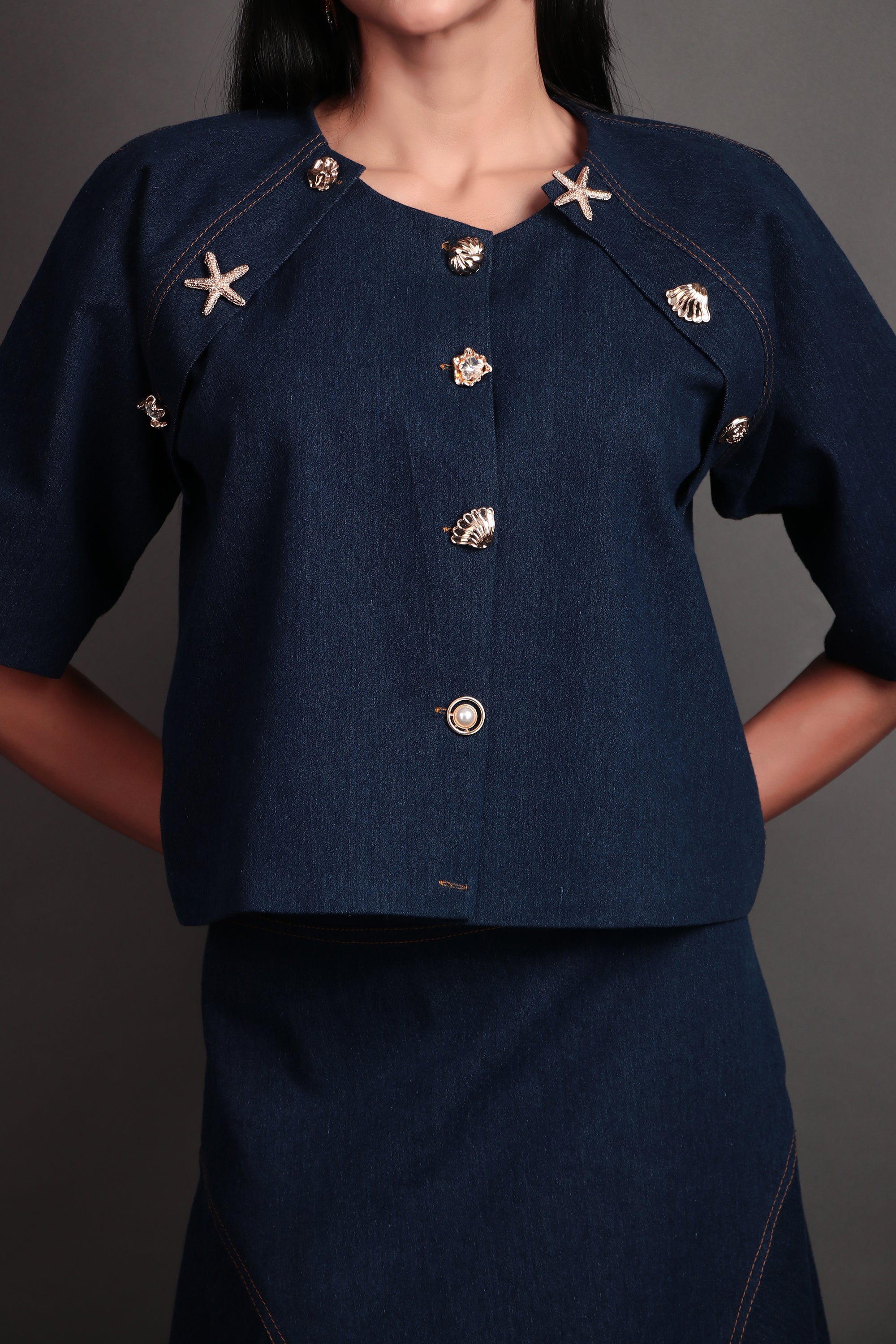 Deep blue denim cropped top and skirt